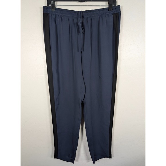 Theory Pants Womens Large Jesha Silk Blue Tuxedo Sheer Skinny Leg Drawstring - Picture 1 of 10